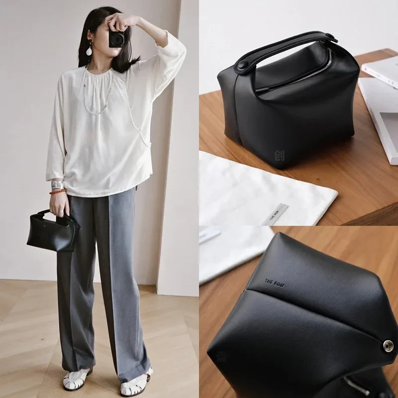 The??? lunch box bag fashionable and niche design portable and high-end retro bento bag leather handbag women small square bag