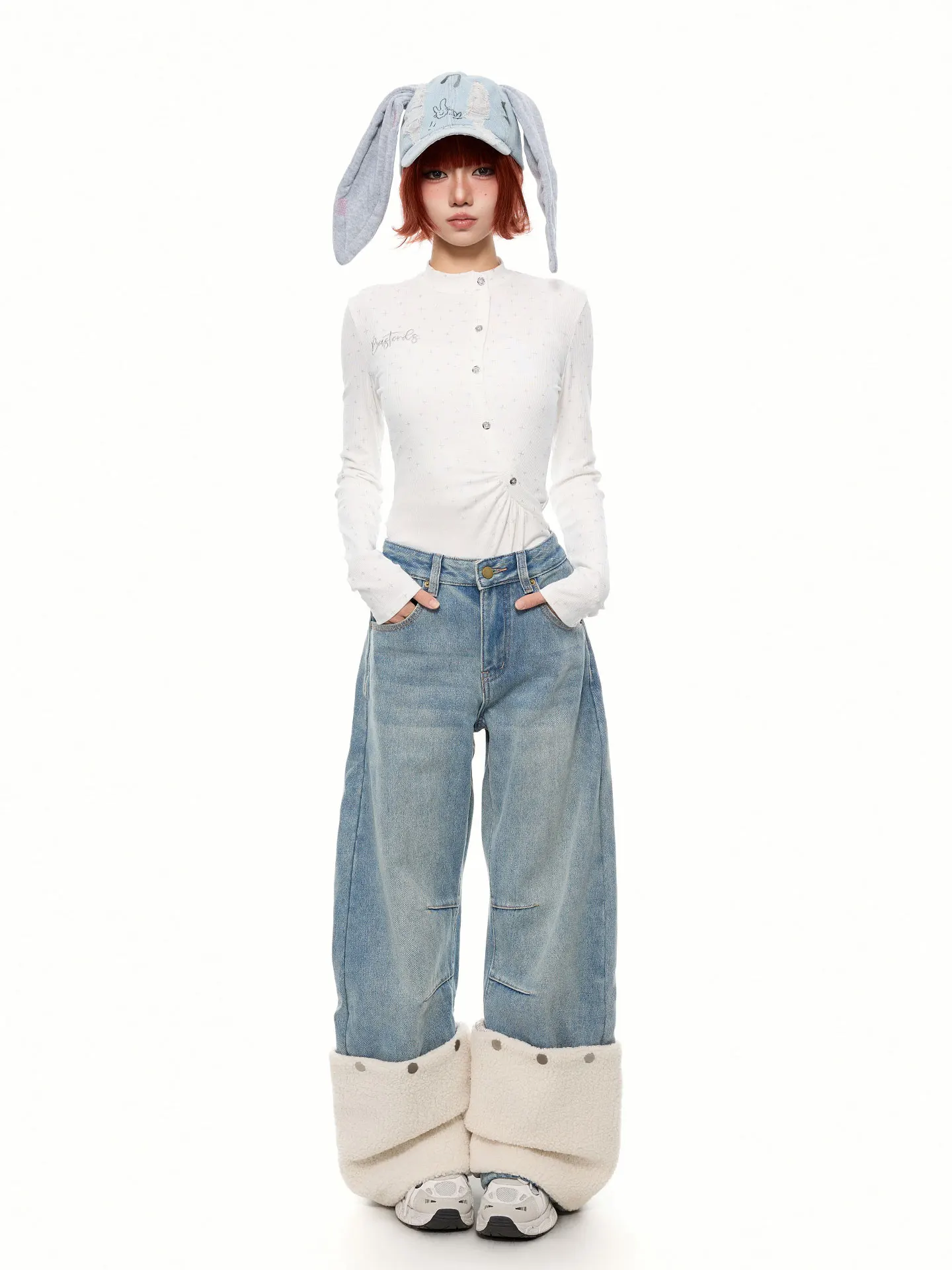 K787 Detachable Fleece Denim Wide Leg Pants Casual American Style Men Women Loose Fit Jeans Knife  Casual Loose Pants