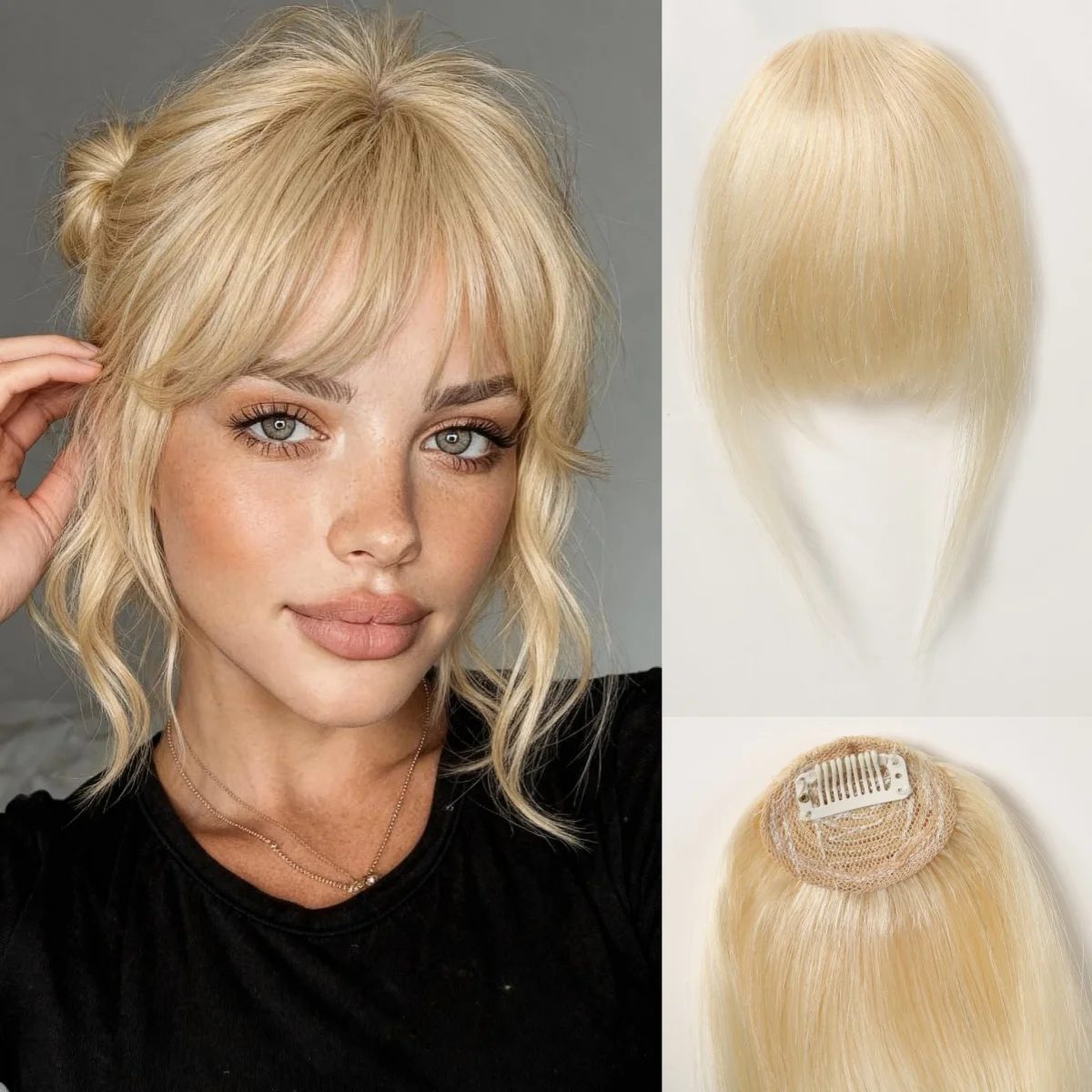 100% Human Hair Clip in Bangs Extension Light Weight Bleach Blonde Fake Curtain French Clip on Bang with Temples Invisible