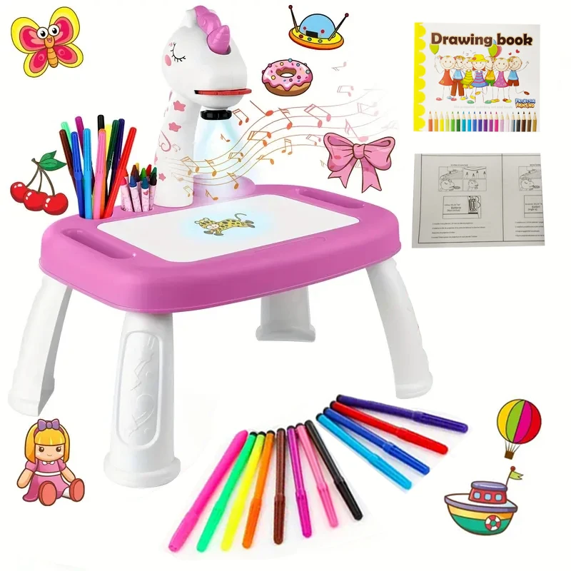 Unicorn Projection Drawing Board, suitable for children over 3 years old to learn drawing, drawing board with music projection.