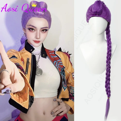 Imagen 1 del producto AOSIQUEEN Peluca de juego de rol sintética púrpura y negra para niños, fiesta de Halloween, 117cm de largo trenzado, accesorios de disfraz de película de Anime LM