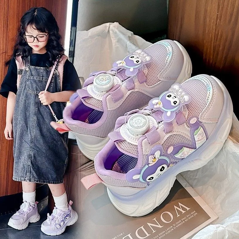أحذية Kuromi Anime Kawaii Sanrio Ins الرياضية الشبكية الأنيقة بأزرار كرتونية لطيفة ونعال ناعمة أحذية رياضية كاجوال هدايا للفتيات