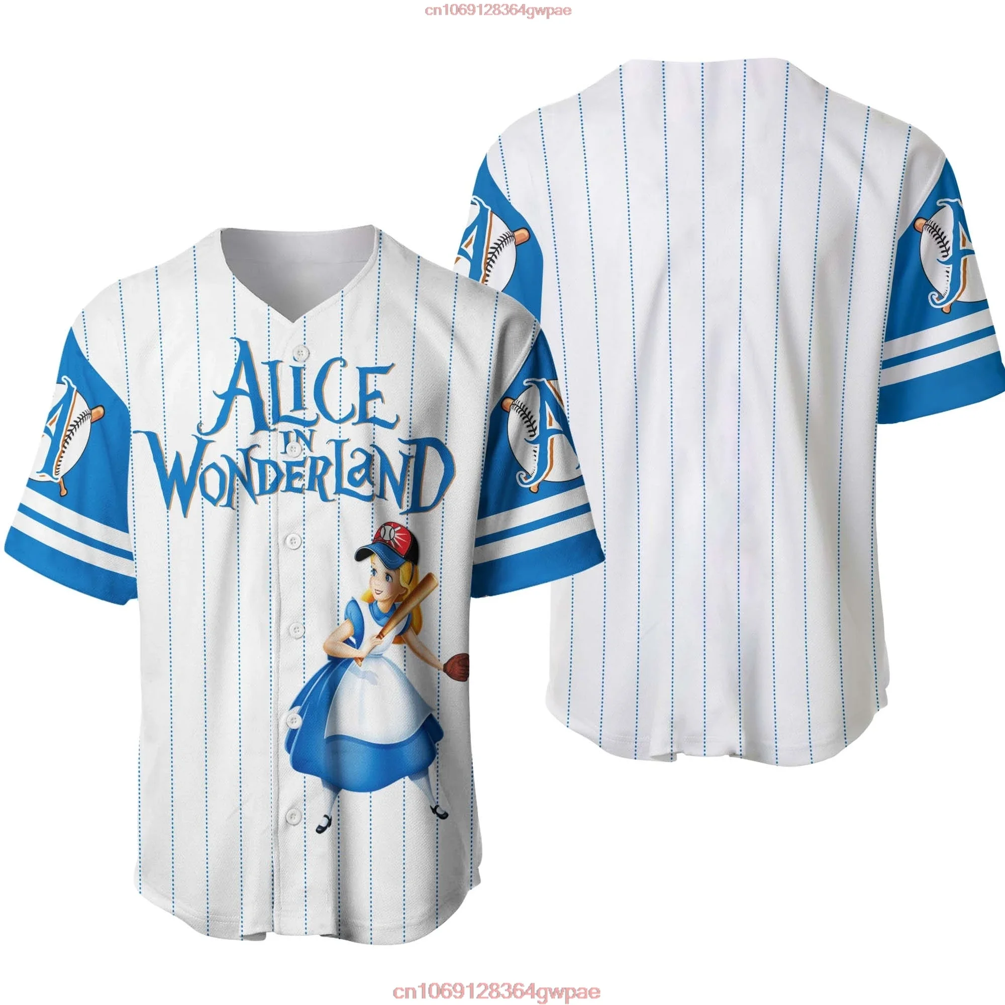 Alice in Wonderland Baseball Jersey Men Women Short Sleeve Button Up Jersey Disney Baseball Jersey Custom Name Baseball Uniform