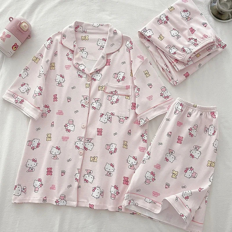 Sanrio\'s new Hello Kitty silk pajamas female cute cartoon pure cotton three-piece set loose and comfortable home pajamas