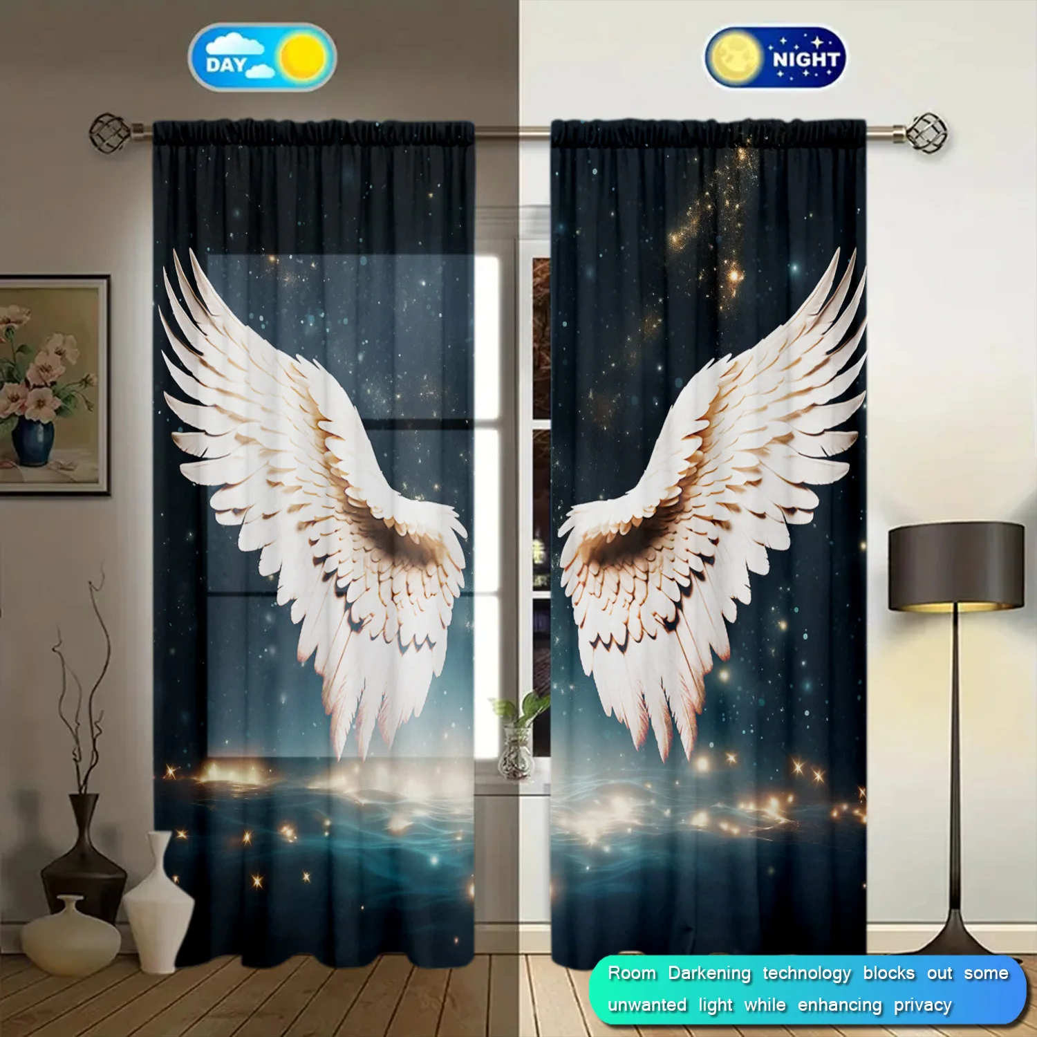 2pcs Angel Wings Printed Curtain For Home Decor Rod Pocket Window Treatment For Bedroom Office Kitchen Living Room Study cortina