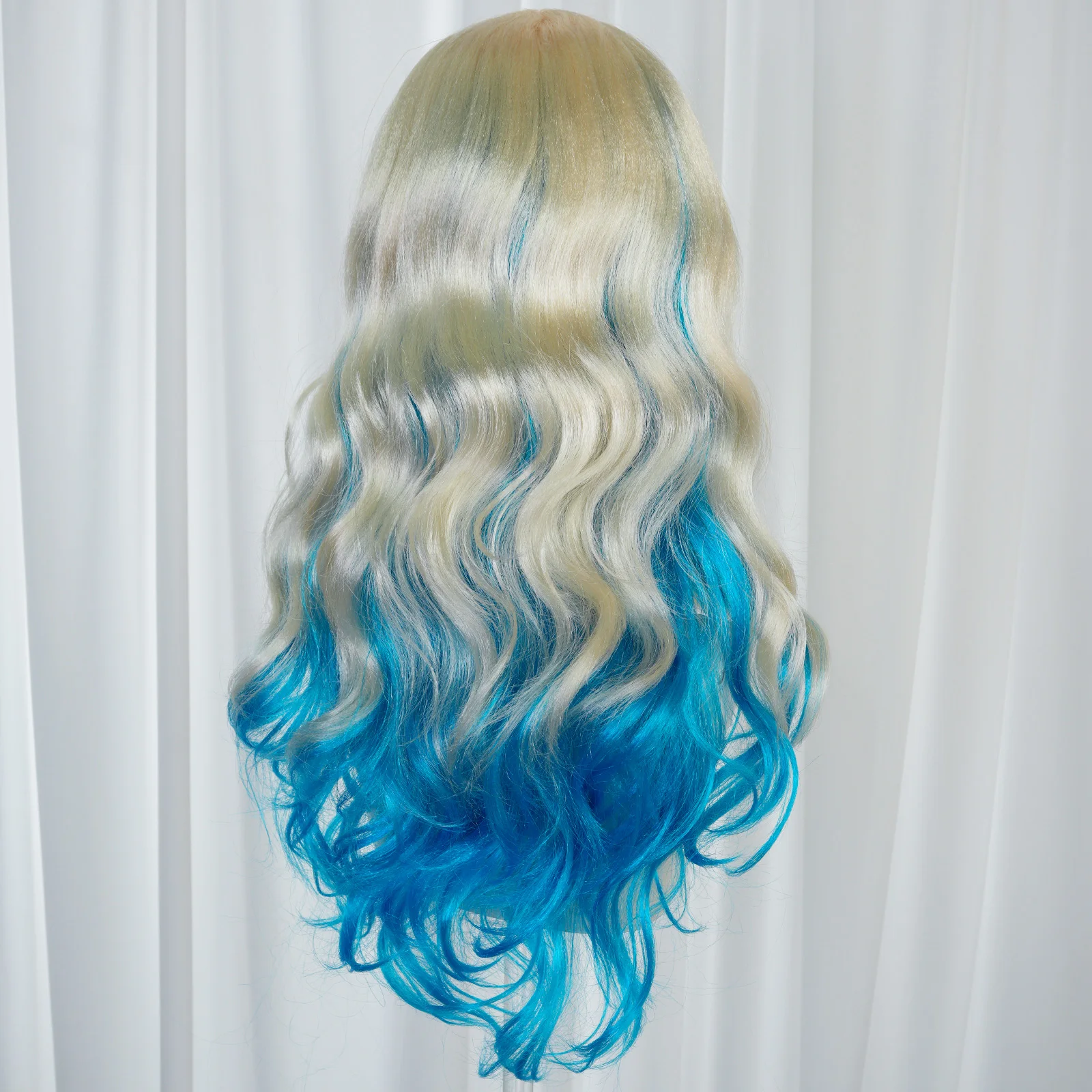 Ombre Blonde Blue Long Wavy Synthetic Hair Wig Fringe For Ladies Halloween Theme Activity Soft Fashion Decor Hair Head Accessory