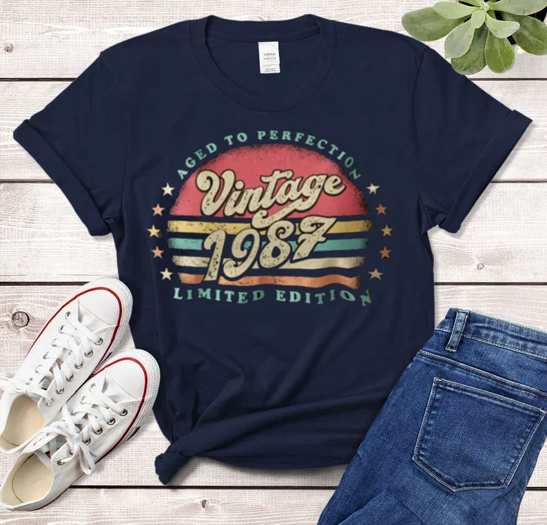 

Retro Sunset 35th Birthday Shirt For Her Women born in 1987 Aged To Perfection Limited Edition T-shirt Gift idea 100%Cotton y2k