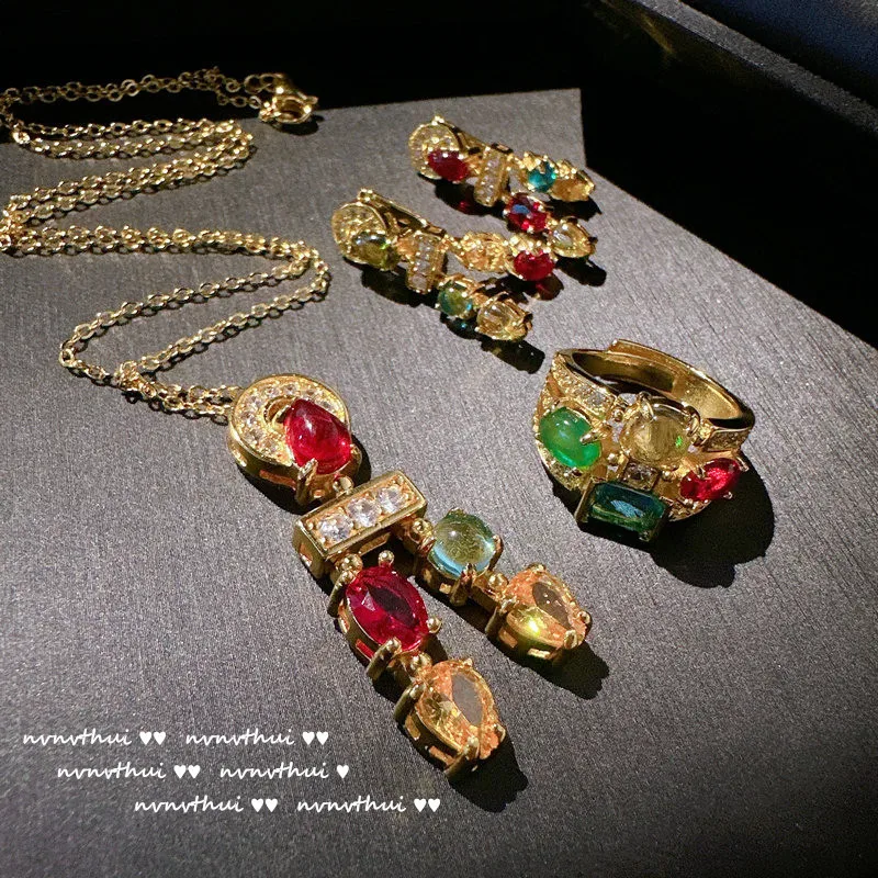 Luxury 18K Gold Color Jewelry Set Multicolour Zircon Crystal Necklace Ring Earrings Women Gorgeous Wedding Statement Jewelry