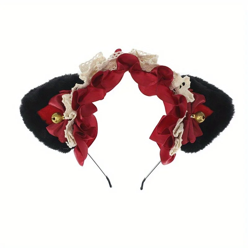 عصابة رأس من الدانتيل على شكل أذن القطة - إكسسوار شعر Fluf fy Lolita، غطاء رأس كوسبلاي لخادمة Kawa-ii Neko، طراز الأرستقراطي القوطي Fau-x Fur