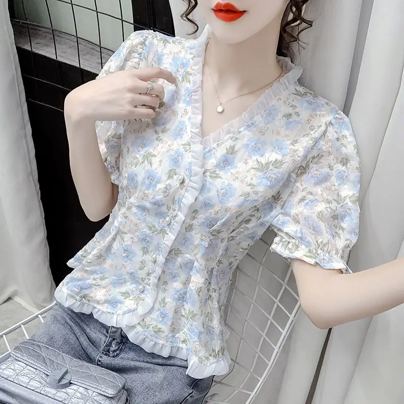 Korean Fashion Single-breasted Blouse 2023 Summer Ruffles Casual Broken Flower Printed Female Elegant V-Neck Gauze Spliced Shirt