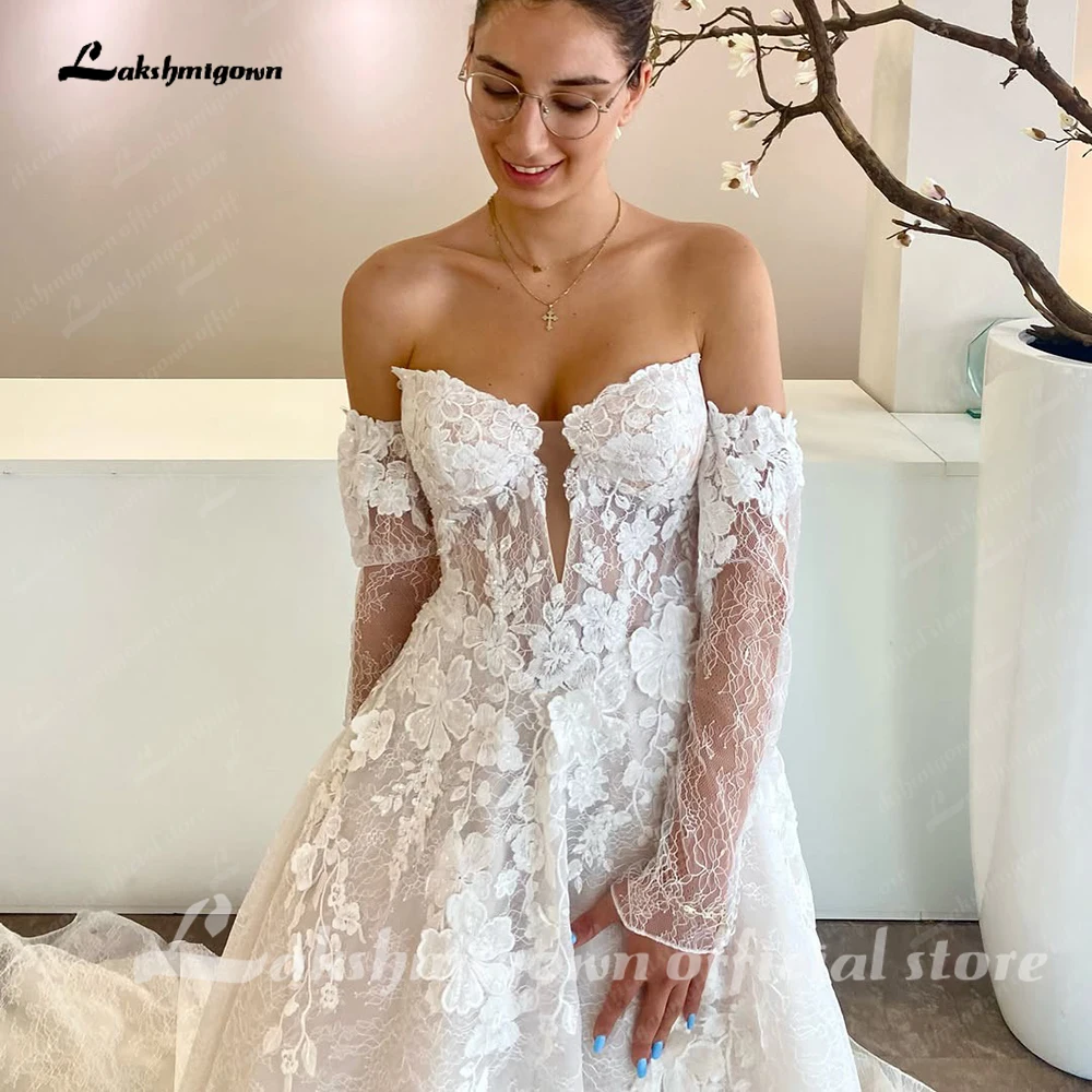 Lakshmigown Schulterfreies langes Brautkleid mit abnehmbaren Ärmeln, Sweetheart-Ausschnitt, vollständig aus Spitze, A-Linie, maßgeschneidert. – Detail 7