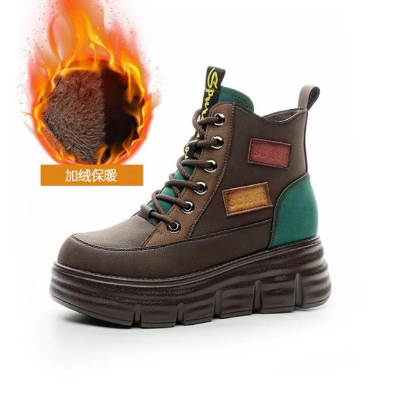 New Winter Women Mixed Colors Thick Sole Ankle Boots Genuine Leather Short Motorcycle Boots 6.5CM High Heels Chunky Shoes 34-40