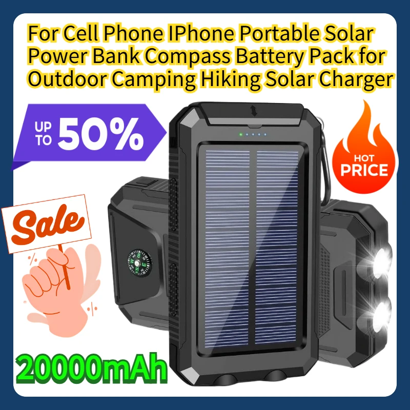 

For Cell Phone IPhone Portable Solar Power Bank Compass Battery Pack for Outdoor Camping Hiking 20000mAh Solar Charger
