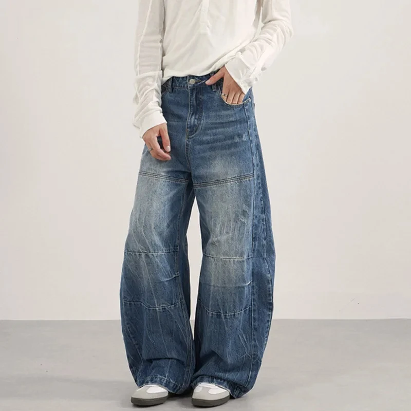 New Simple Men Jeans Washing Contrast Color Silhouette Casual Denim Pants All-match Male Curved Knife Trousers Chic