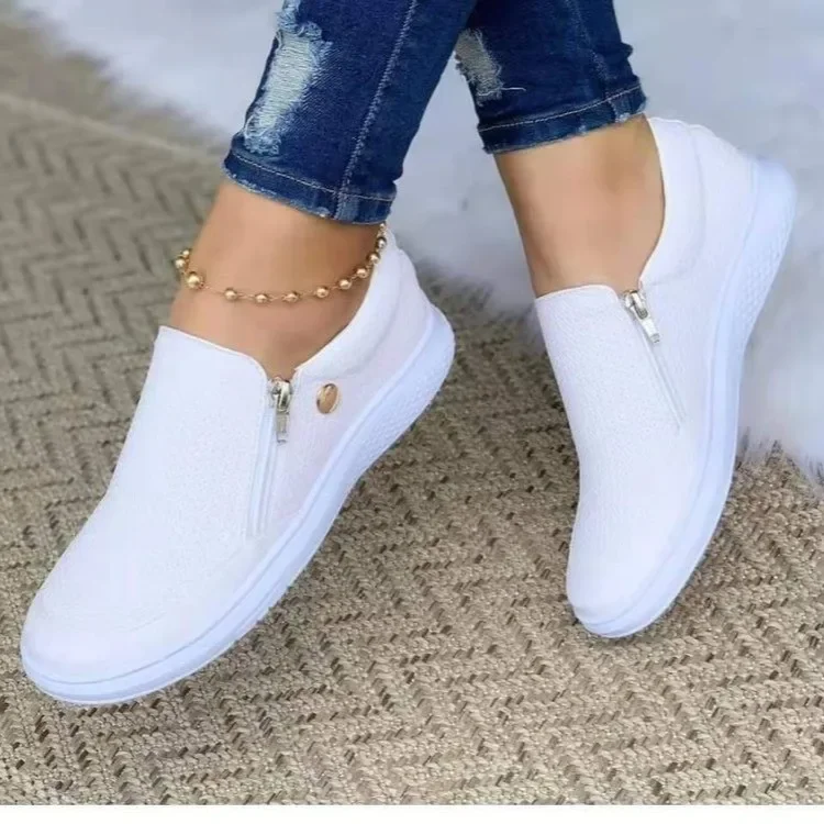 Women Shoes Crystal Slip on Flat Loafers Zipper Embossed Leather Ladies Autumn Glitter Platform Fashion Female Moccasins