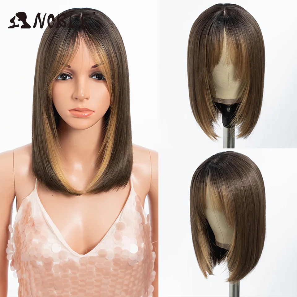 

Noble Bob Wig Silky Straight Synthetic Wigs with Bangs 16 Inch Cosplay Party Lolita Hair Wigs for Women Brown Heat Resistant Wig