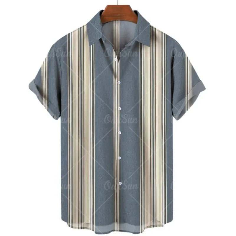 Retro striped color matching print fashion Hawaiian casual men\'s short-sleeved shirt loose breathable men\'s lapel tops large siz