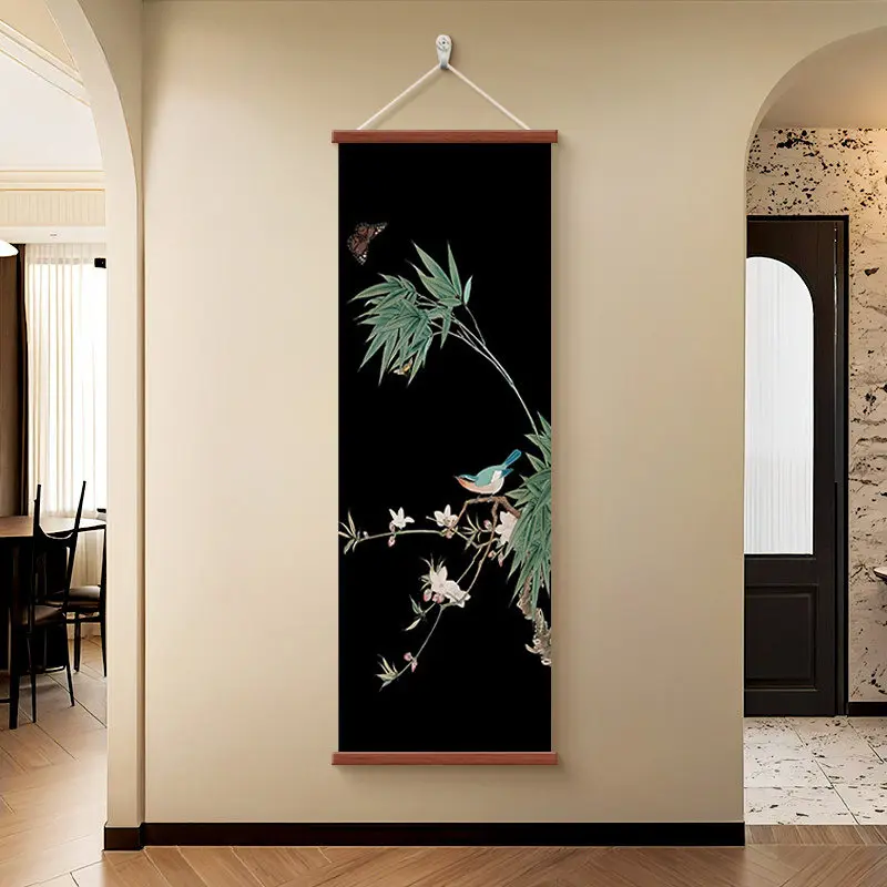 Wall Art Flowering Branches and Tiny Songbirds Chinoiserie Pearlescent Canvas Hanging Scroll with Wooden Rods for Tea Room