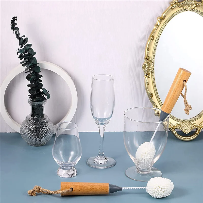 AB33-Wine Glass Cleaning Brush Flute And Stemware Brush Non Scratch Foam Bristle Brush With Wooden Handles 4Pcs