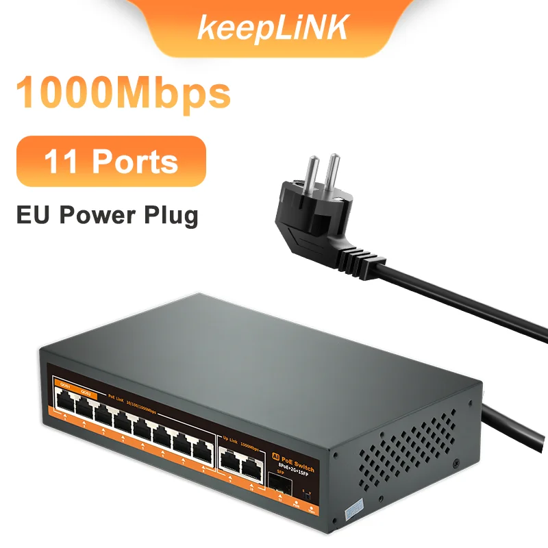 KeepLiNK 11-poorts volledig Gigabit ongemanagede Ethernet-switch met 8 IEEE 802.3af/at PoE+-poorten en 2 RJ45 & 1 SFP voor uplink