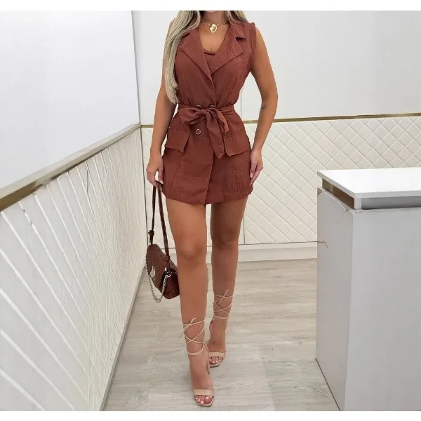 

Sexy Elegant Jumpsuits Woman Notched Collar Sleeveless Tied Detail Button Romper New Fashion 2025 Summer Casual Conjoined Pants