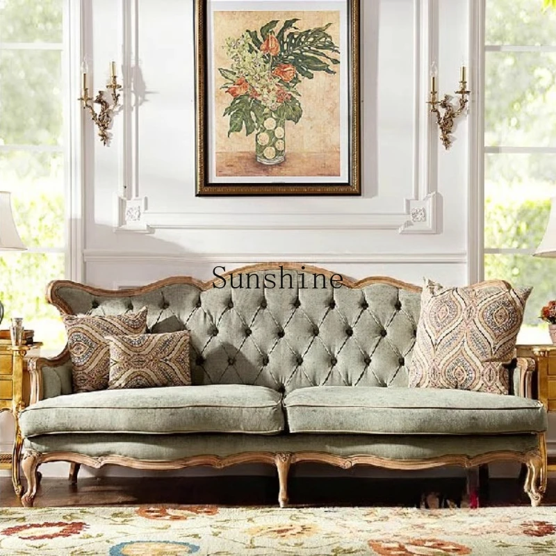 

American country fabric three pull button sofa solid wood carving flower retro old villa sofa