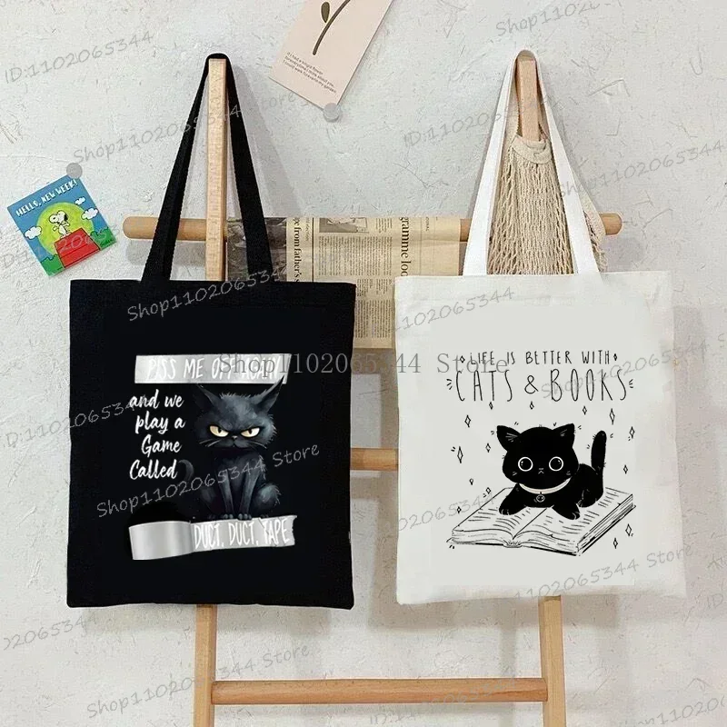 Life Is Better with Cats & Books Canvas Tote Bag Women Cute Cat Shopping Bags Student Literary Book Shoulder Bag Cartoon Handbag