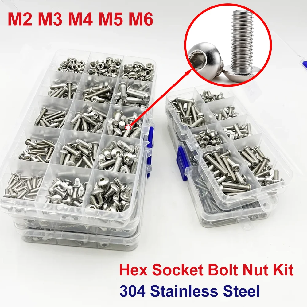M2 M3 M4 M5 M6 ألين مسدس براغي عدة 304 سداسية من الفولاذ المقاوم للصدأ المسمار المكسرات مجموعة زر جولة رئيس آلة مسامير المكسرات كيت #1
