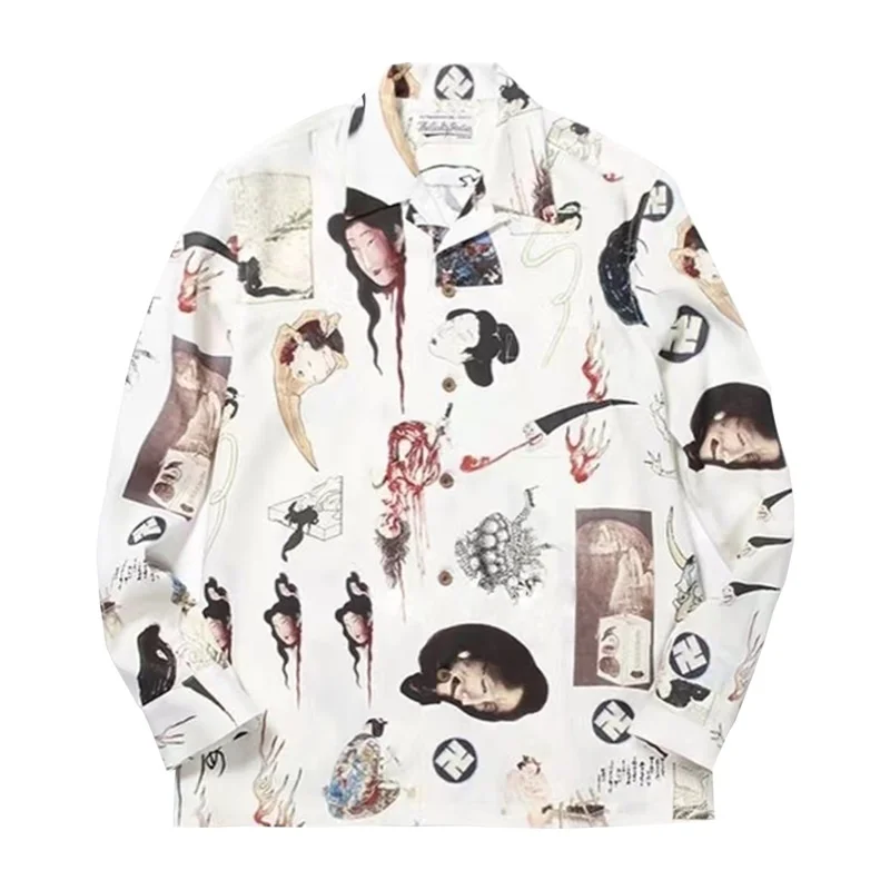 WACKO MARIA Fashion Loose Mens Womens High Street Prints Ukiyo-e Graffiti Hawaii Brand Long Sleeve Shirt