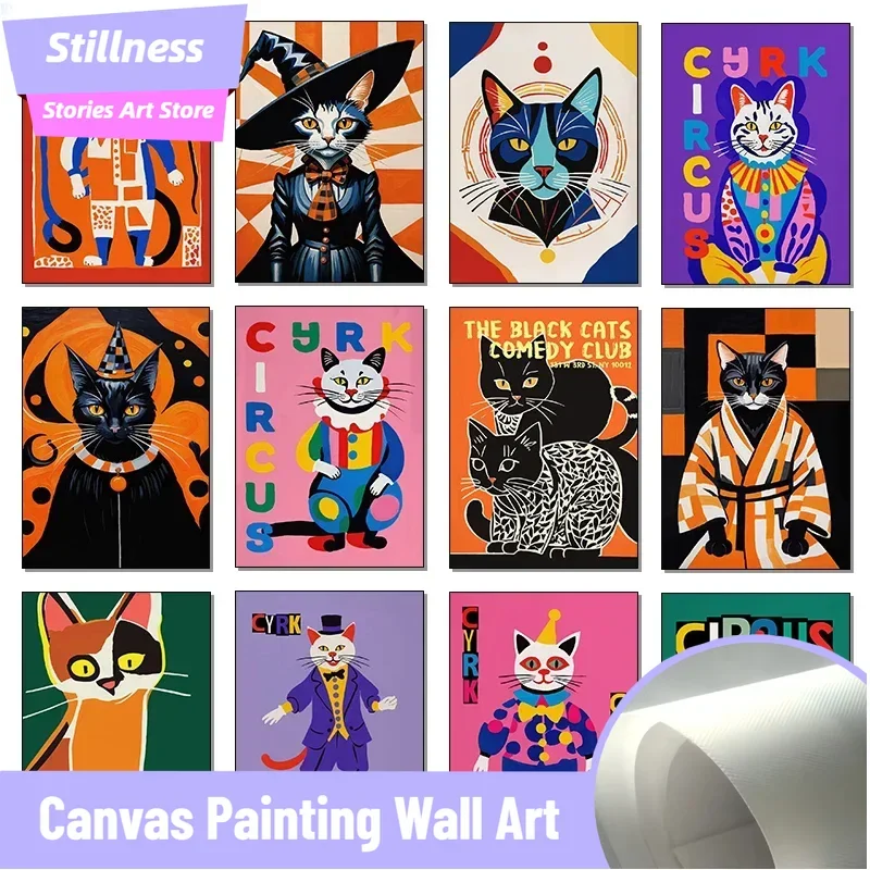 

Classic Abstract Colorful Polish Circus Animal Cat Clown Fashion Retro Poster Canvas Paintings Wall Art Pictures Home Room Decor