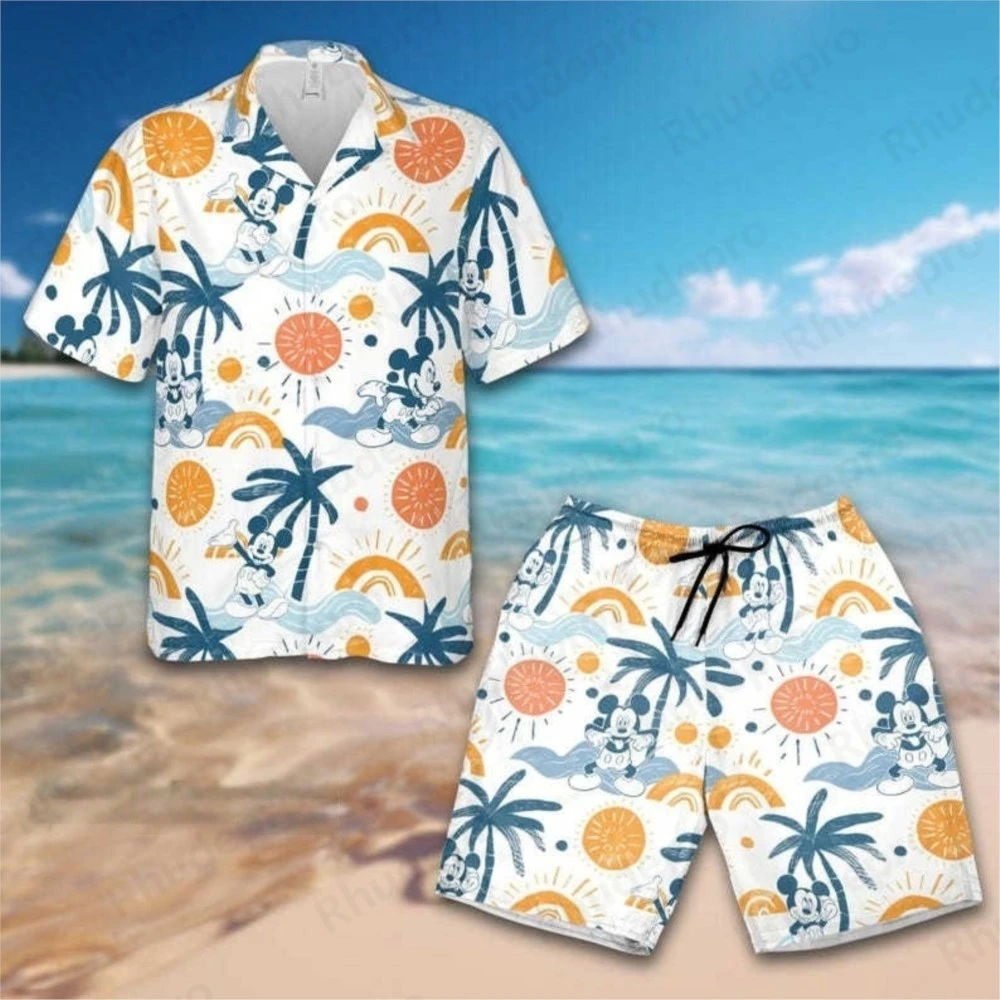 

Disney Surf Mickey Hawaiian Shirt Suit Beach Shorts Set Men's Women's Summer Casual Vacation Short Sleeve Shirt Pants 2 Piece