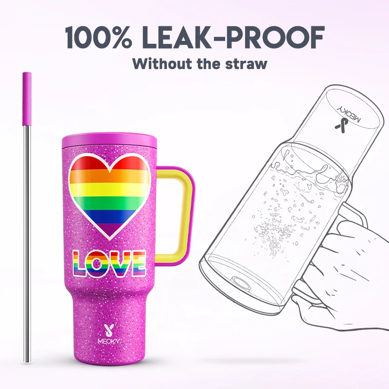 Meoky 40oz New Big Straw Cup Stainless Steel Thermal Insulation Pride Month Love Prints Double Wall Leak-Proof Water Bottle