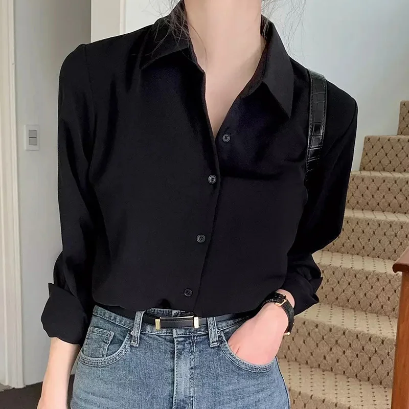 New Women\'S Spring Autumn Fashion Solid Color Casual Long Sleeve Top Korean Version Loose And Simple Versatile Lapel Neck Shirt