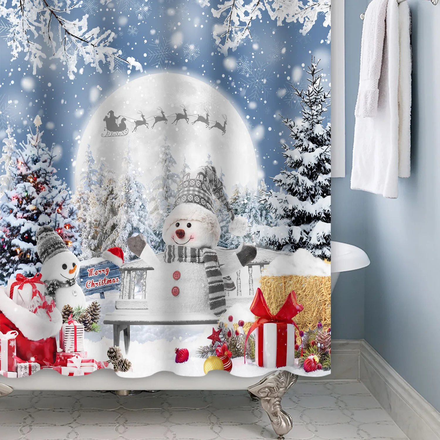 

Merry Christmas Snowflake Christmas Snowman Cute Reindeer Waterproof Shower Curtain Bathroom Home Decoration with Hooks