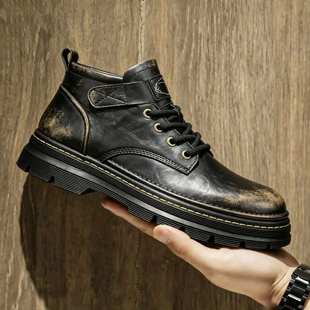 Men Boots Autumn Leather Waterproof Mid-top Sports Shoes New Fashion Ankle Boots Casual Outdoor Hiking Boots Shoes Male Sneakers