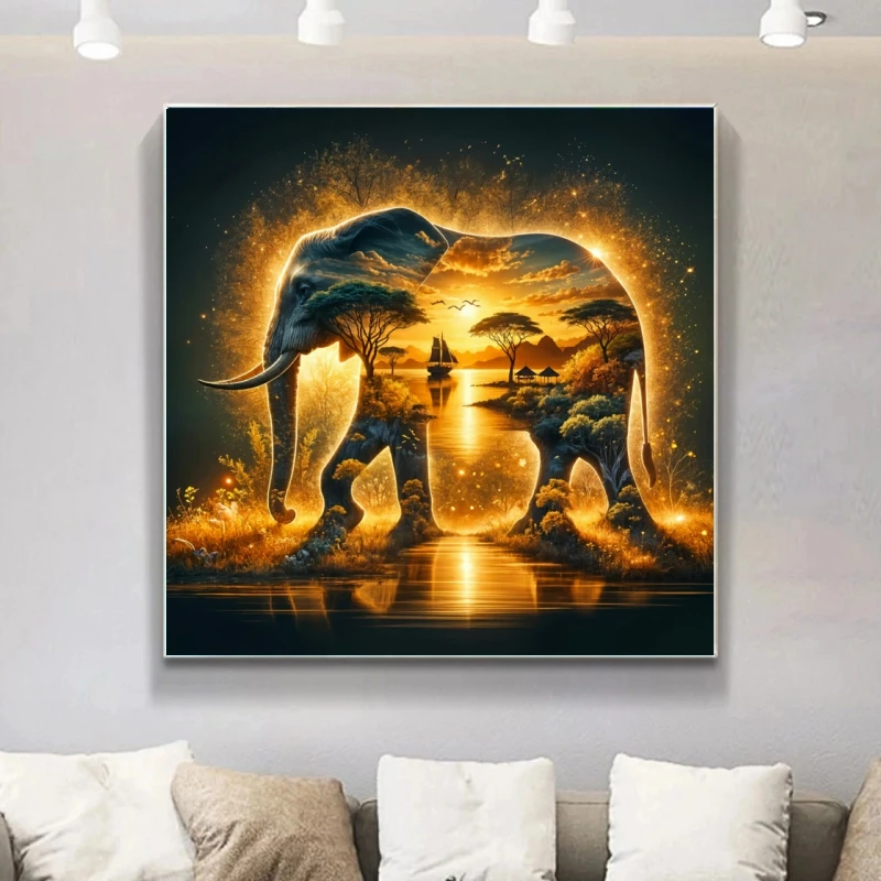 

DIY Diamond Painting Kits Embroidery Elephant 5D Full Drill Mosaic Landscape Sunset Scenery Diamond Art Animal Wall Decor Gifts