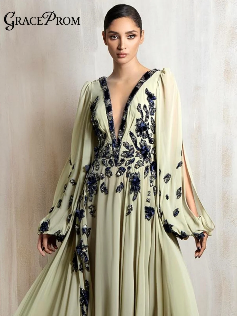 

Opulent Sage Green Chiffon Evening Dress 2026 Beaded Embroidery Carpet Gown Elegant A Line Floor Length Party Gown فساتين سهرة