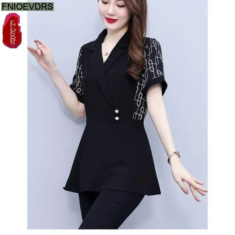 L-5XL 2023 Women Summer Short Sleeve Elegant Black Office Lady Work Button Shirt Casual Button Tunic Peplum Tops And Blouses