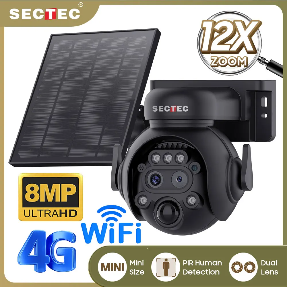 SECTEC 4K 8MP 12X Zoom 4G Solar Security Cameras Wireless Outdoor 360° View PIR Human Detection CCTV Battery PTZ Cam