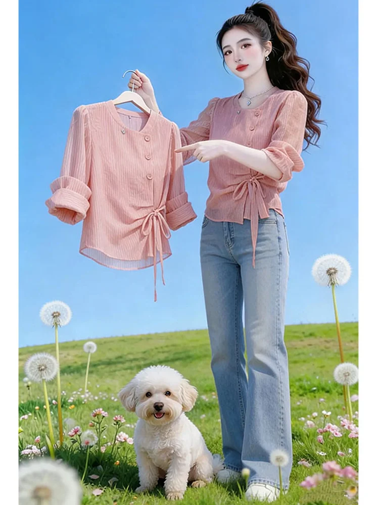 

Fashionable Striped Shirt Women's Spring New Style Irregular Bow Waist Design Casual Loose Fit Long Sleeve Casual Fashion