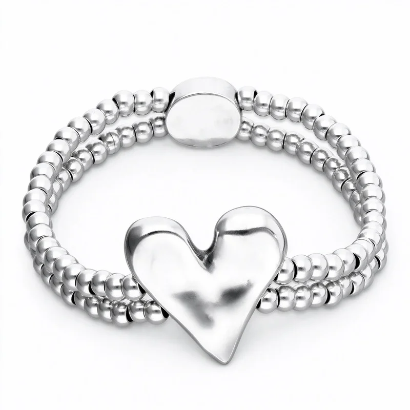 Beaded Heart Charm Stretch Bracelet, Alloy Elastic Rope Bangle with Heart Pendant for Women Girls Ladies, Cute Minimalist Trendy Style Jewelry for Daily Wear Party Work Office, Birthday Gift for Her, No Buckle Easy Wear, Hypoallergenic, Chain 17/19cm