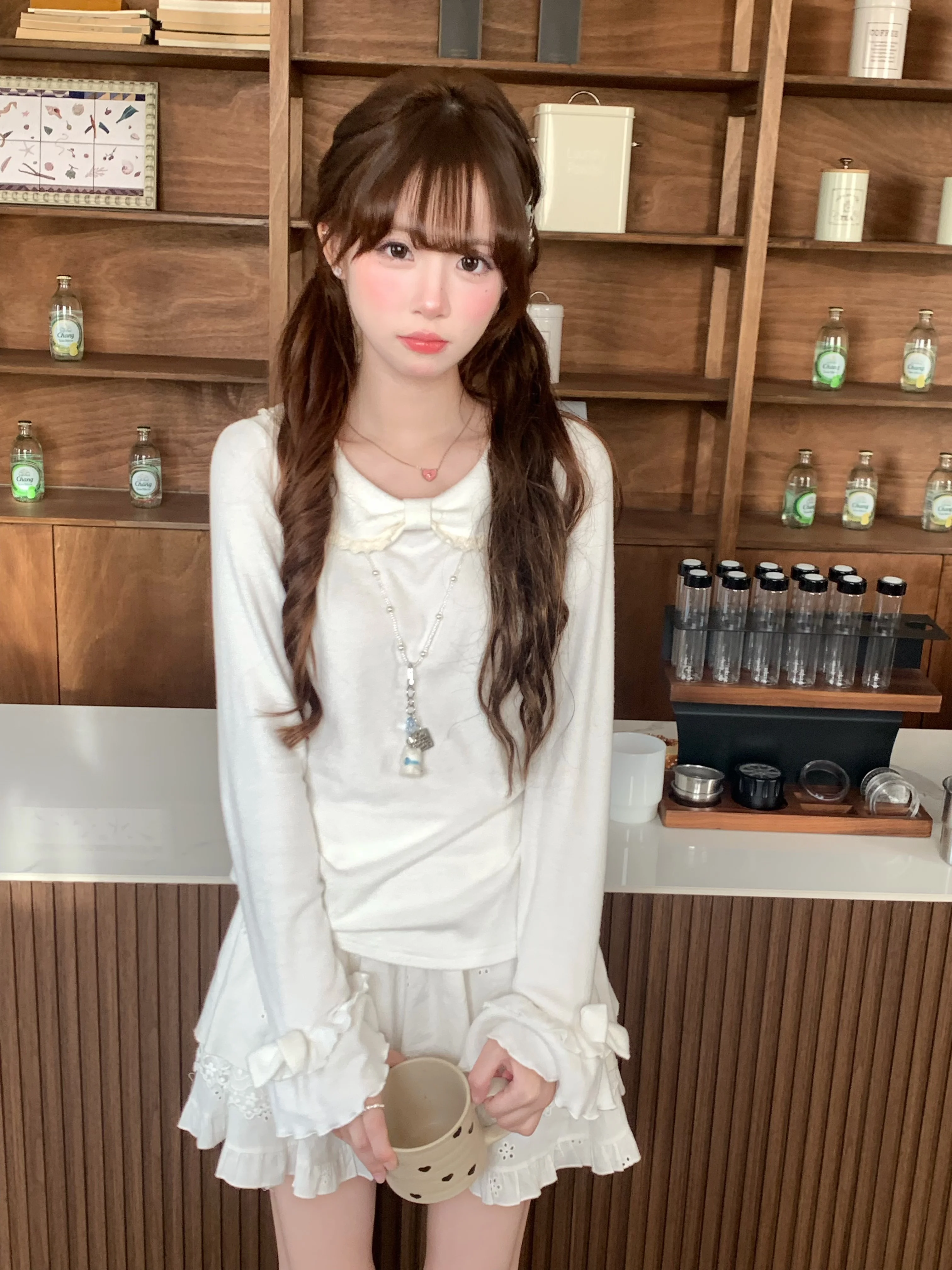 Singsong Soft Candy Sweet Style Women's Top  Knot Large Collar Slim Fit Bell Sleeve under Shirt Daily Commute Wear