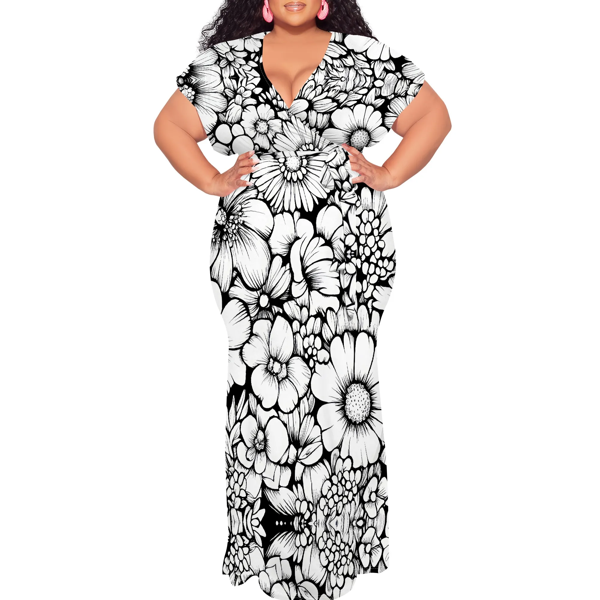 Plus Size Black White Floral Print V Neck Maxi Dress for Women Elegant Boho Outfit