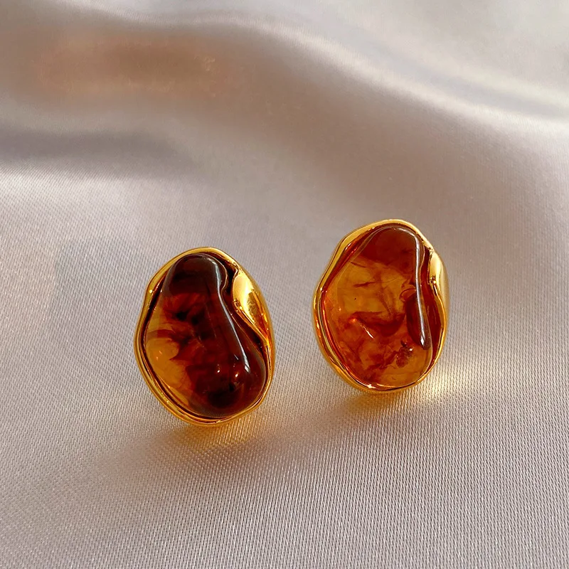 Maillard French Amber Color Irregular Geometric Stones Stud Earrings for Women Simple Unique Girl Jewelry Christmas Gift