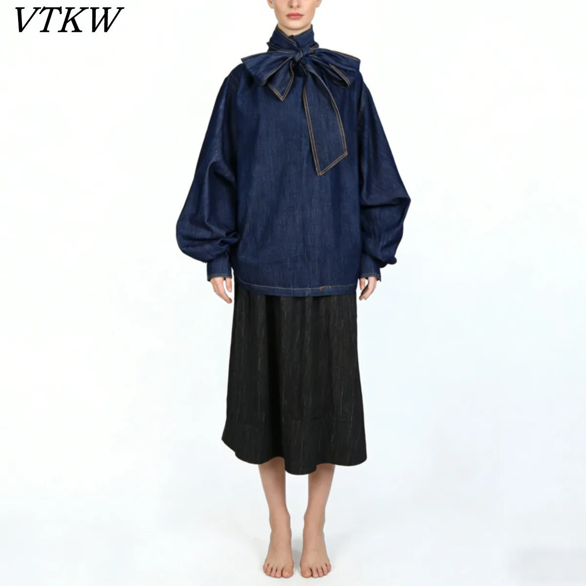 VTKW 2026 신상 여성 데님 보타이 넥 블라우스 루즈 퍼프 소매 캐주얼 탑 패션 스트리트웨어 여성 우아한 상의