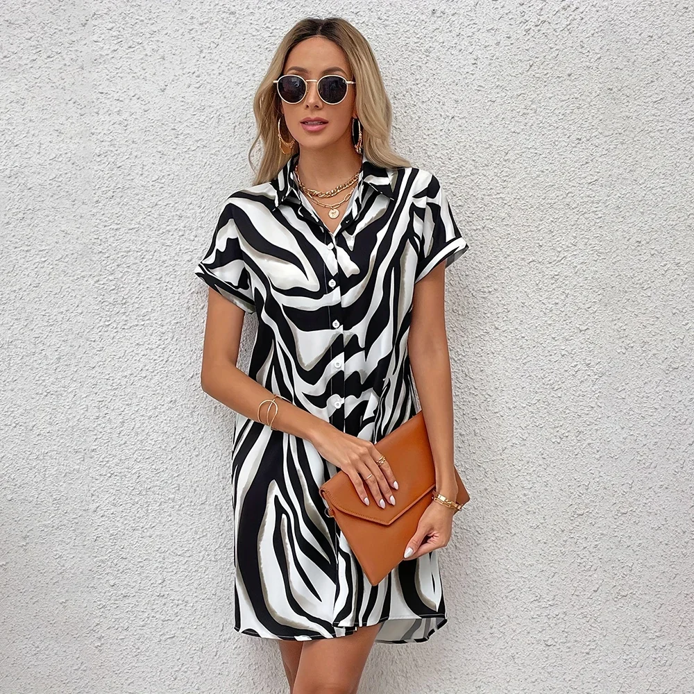 

Women Clothing Dress Summer Baggy Lapel Short-sleeved Shirt Fashion Button Pocket Top Striped Skirt Ladies Fashion Evening Dress