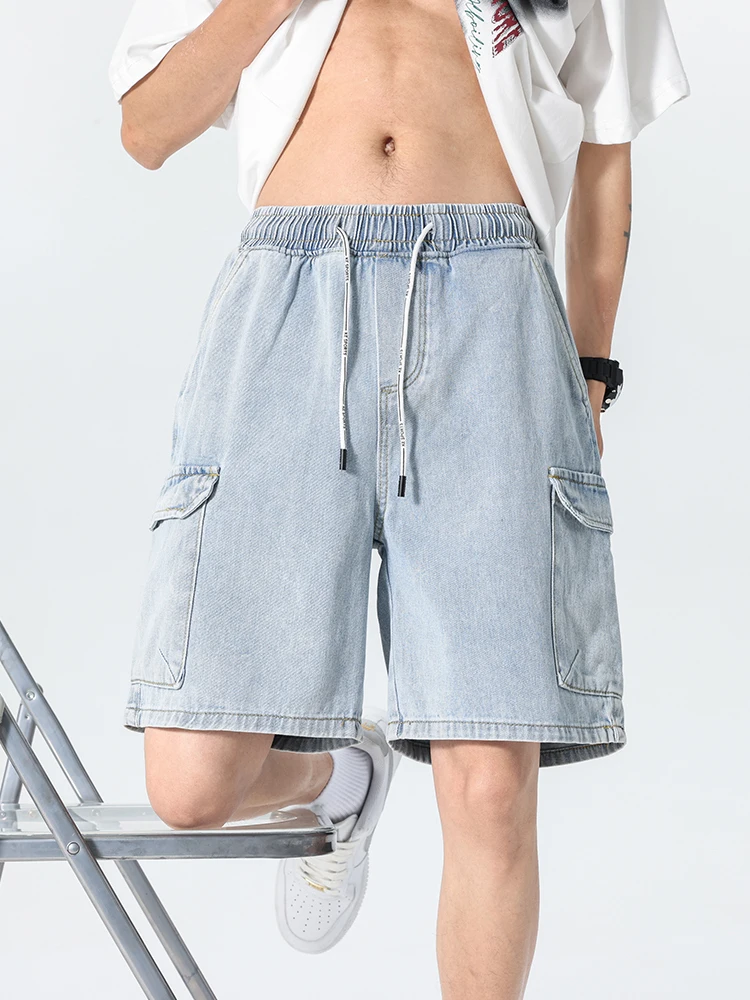 جديد الصيف الرجال الدنيم السراويل الضوء الأزرق موضة متعددة جيب فضفاض عادية البضائع السراويل الرجال 92% القطن مستقيم جينس قصير #5