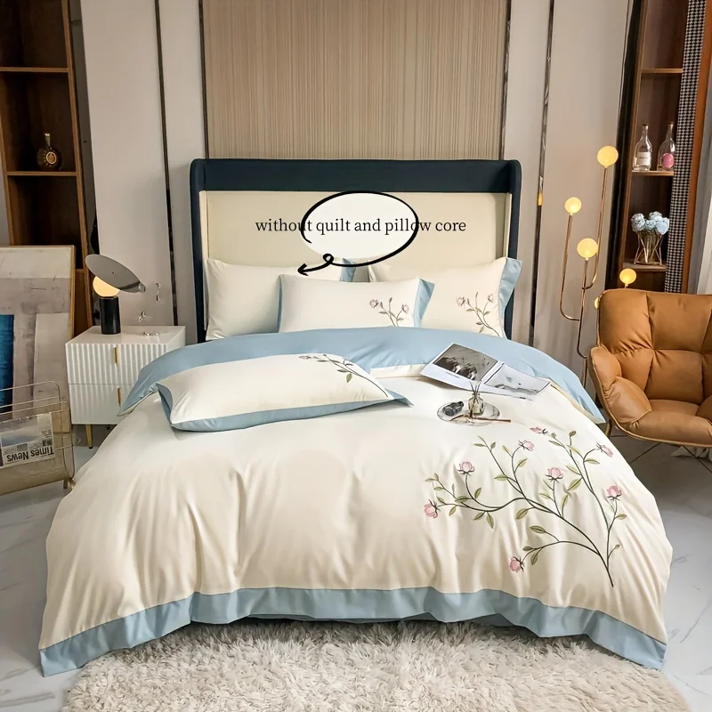 3pcs Elegant embroidery Duvet Cover Set (1*Duvet Cover + 2*Pillowcase, Without Core), blue pink soft Bedding Set for summer