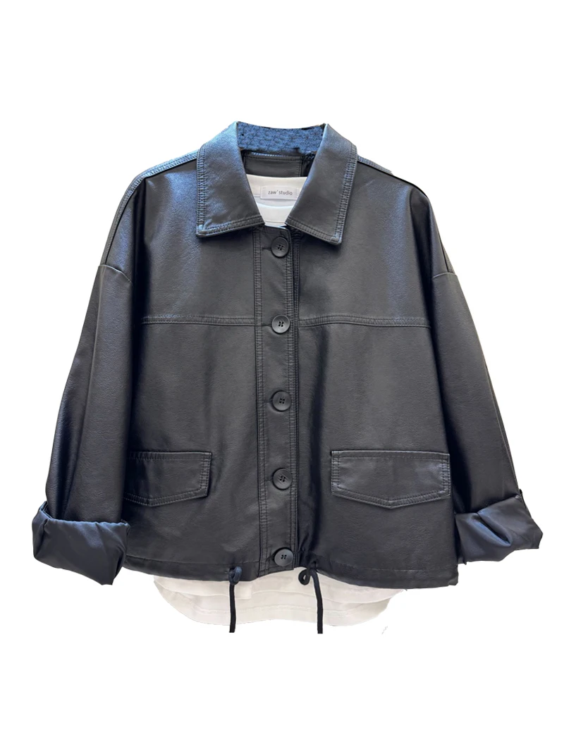 Zaw معطف نسائي كبير الحجم من الجلد Bla Jaet ربيعي جديد فضفاض أمريكي Sle للدراجات النارية من البولي يوريثان طويل بياقة قلابة