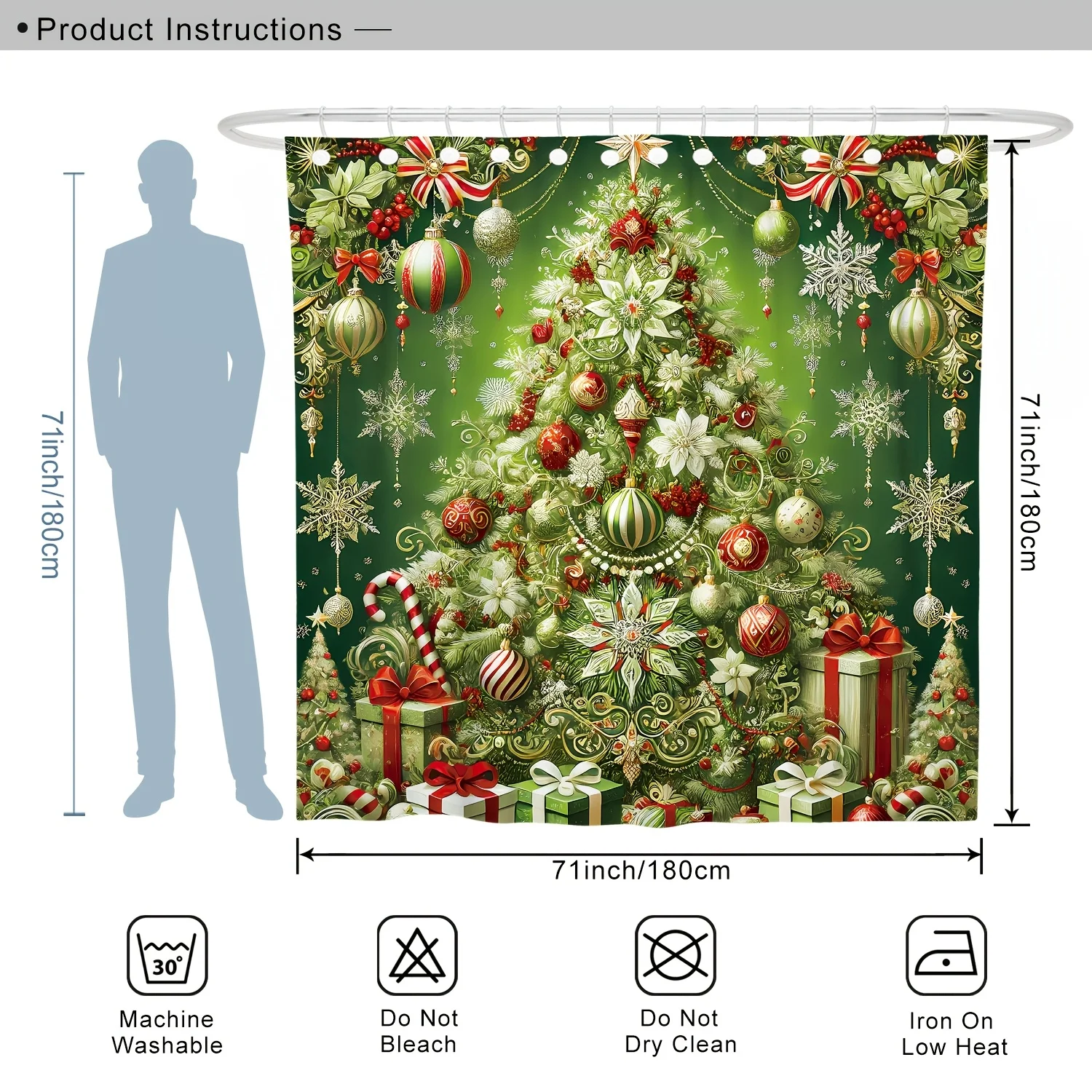 4Pcs Xmas Shower Set, Tree Ball Snowflakes, Green Design, Holiday Bath Decor, 12 Hooks, Non-Slip Mat, U-Shaped Cover